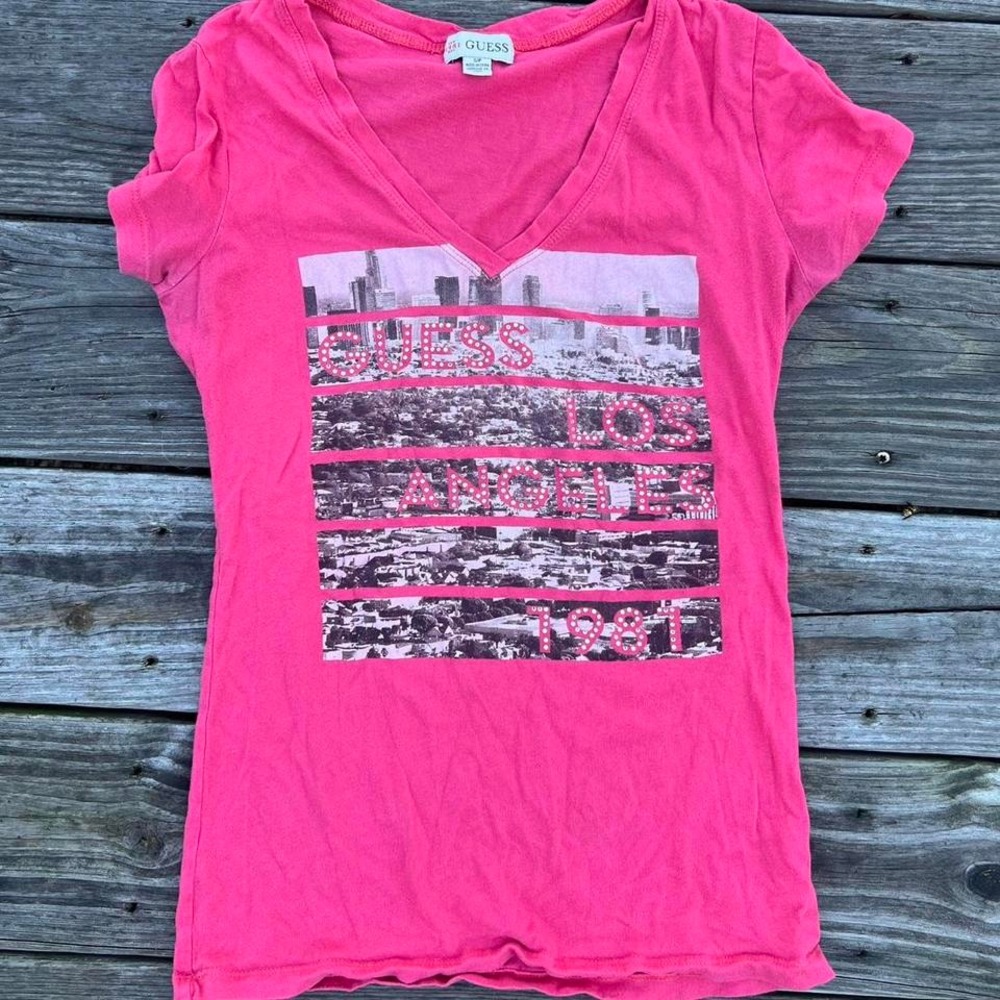 Y2K Mcbling Rhinestone Embellished Los Angeles Hot Pink‎ VNeck Tee